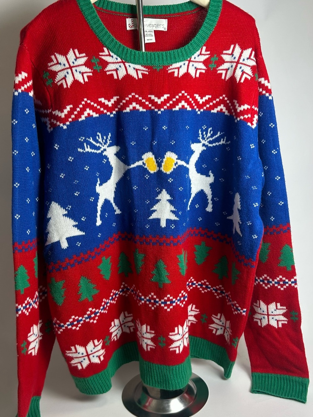 Festive Red & Blue Reindeer Knit Sweater - Unbranded